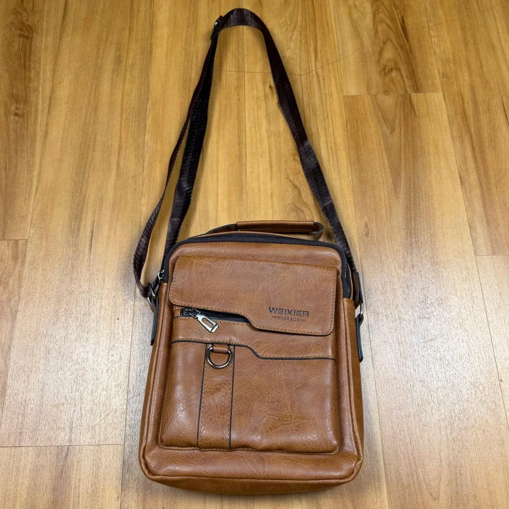 WEIXIER Mens Brown Vegan Leather Messenger Bag Crossbody Travel Satchel